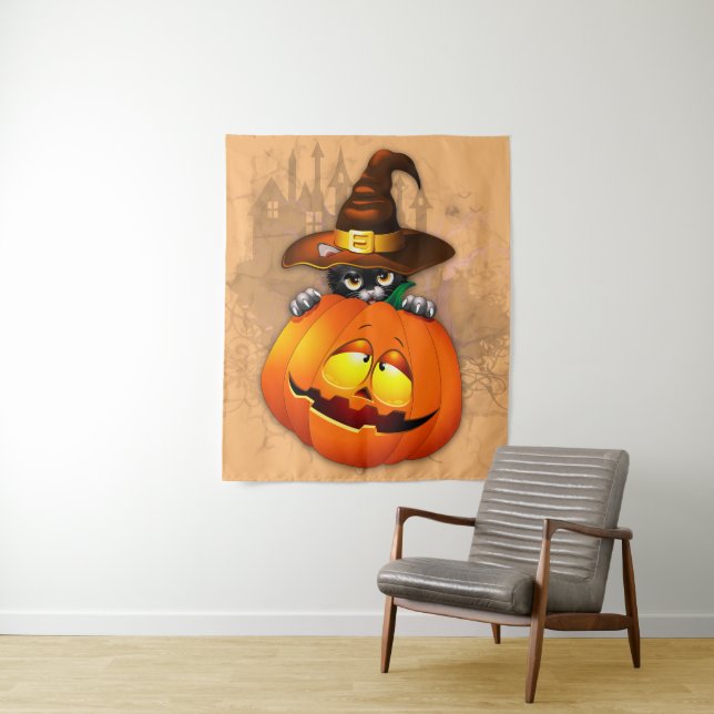 Tenture Halloween Cute Kitty Witch et ami Citrouille (En situation)