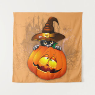Tenture Halloween Cute Kitty Witch et ami Citrouille