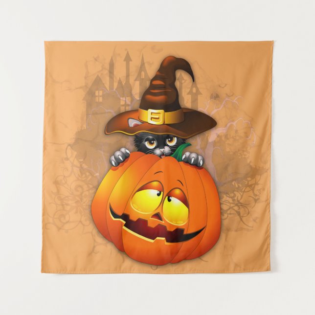 Tenture Halloween Cute Kitty Witch et ami Citrouille (Devant)
