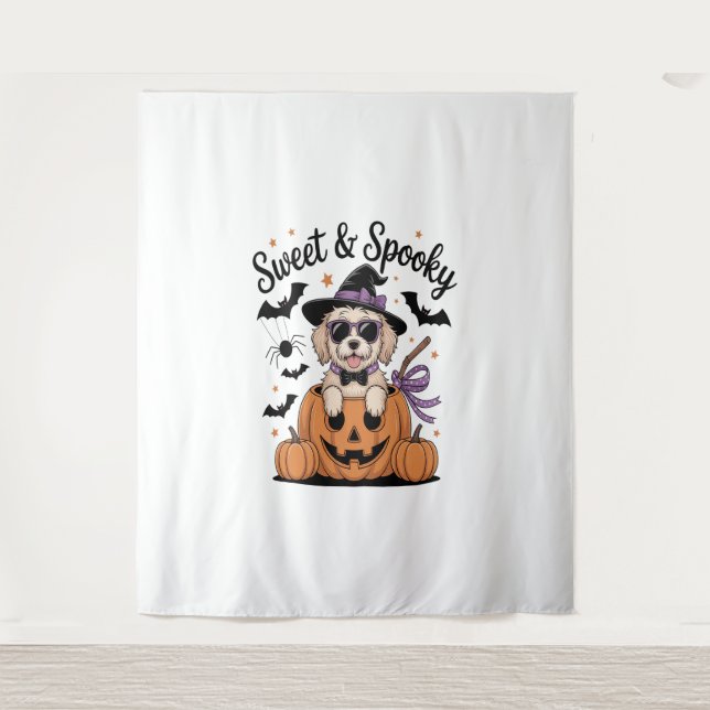 Tenture Halloween de chien doux et Éffrayant (Devant)