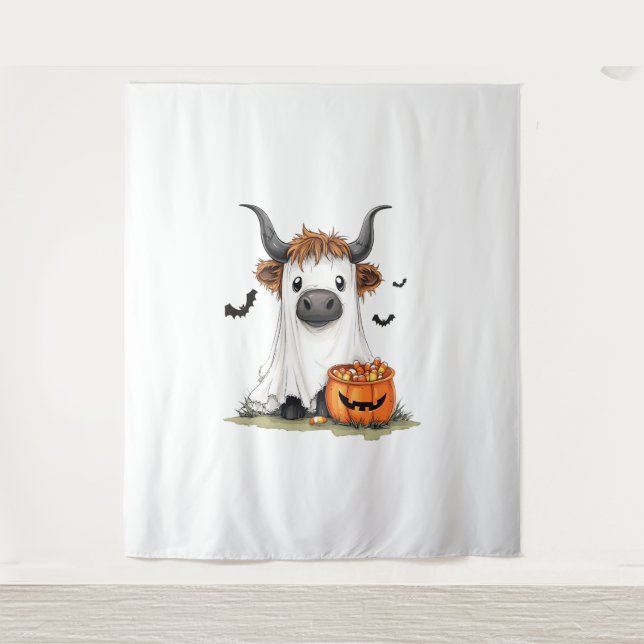 Tenture Halloween Ghost Highland Cow PNG (Devant)