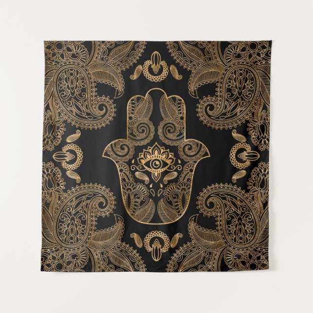 Tenture Hamsa Main Noir et or Ornement (Devant)