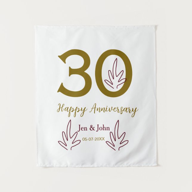 Tenture Happy 30th anniversary name date golden red leaf (Devant)