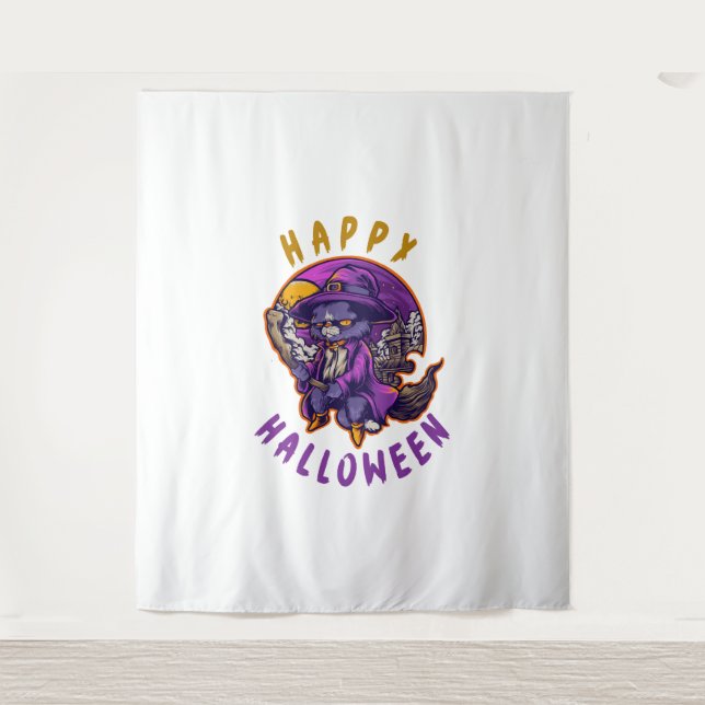 Tenture Happy Halloween Chat sorcier Halloween (Devant)