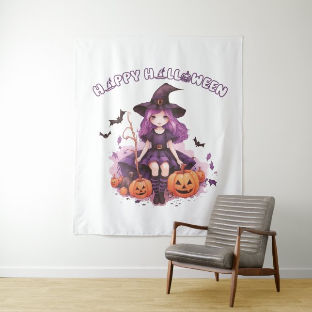 Tenture Happy Halloween violet sorcière Citrouilles et cha (En situation)
