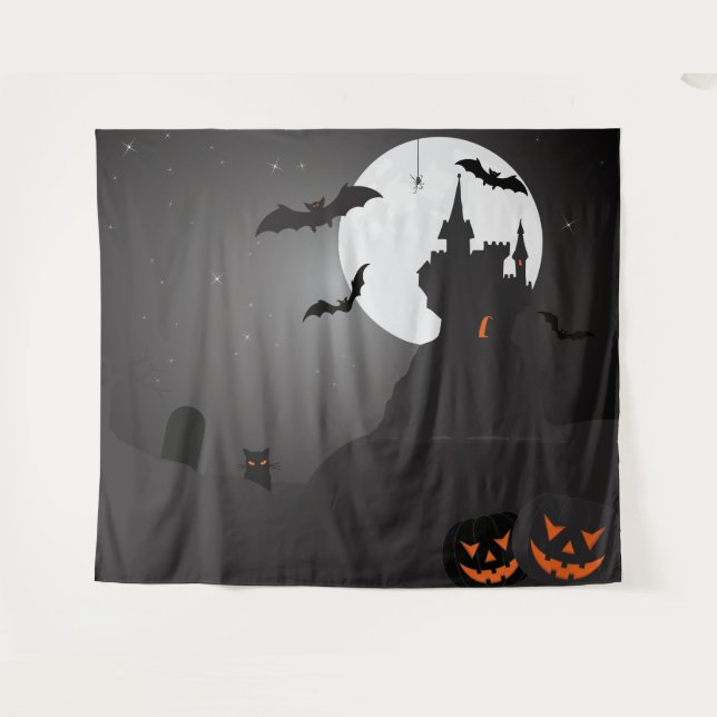 Tenture Haunted Castle Pleine lune Halloween Fond photo (Devant (Horizontal))