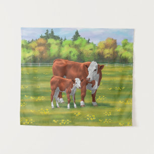 Tenture Hereford Cow & Cute Calf dans les pâturages d'été
