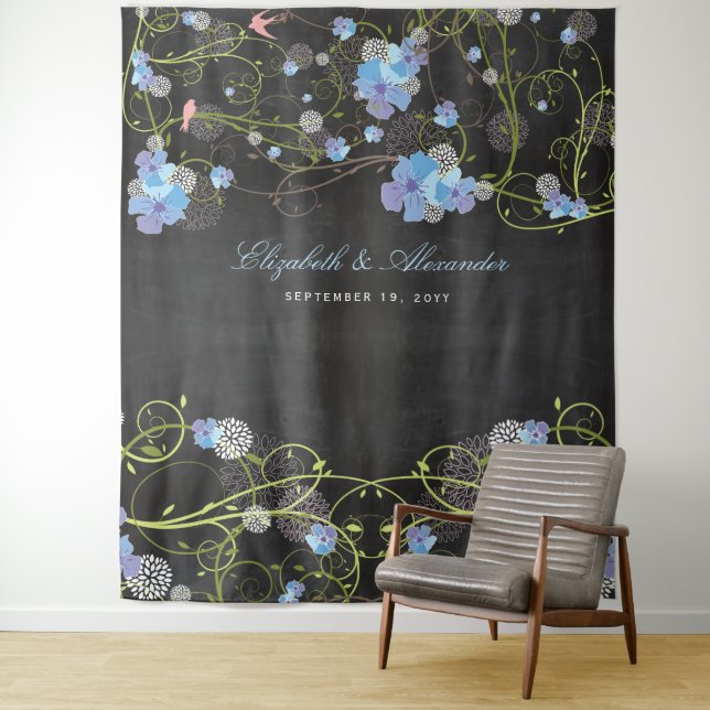 Tenture Hibiscus et hirondelles bleu Mariage arrière-plan (En situation)