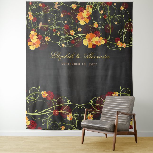 Tenture Hibiscus et hirondelles Jaune Mariage Floral fond (En situation)