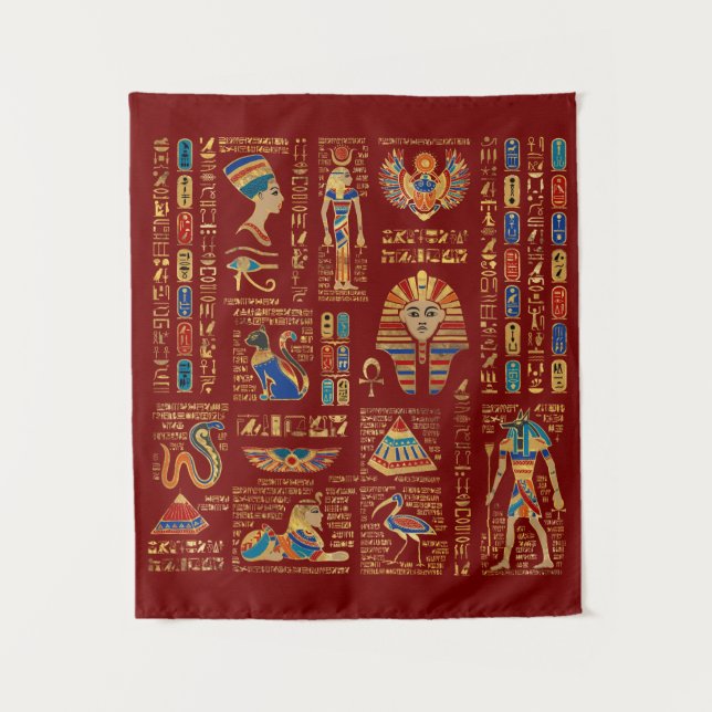 Tenture Hiéroglyphes et divinités égyptiens en rouge (Devant)
