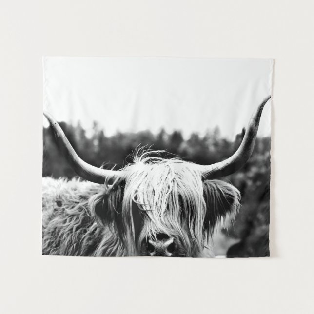 Tenture Highland Longhorn vache noir et blanc rustique Boh (Devant (Horizontal))