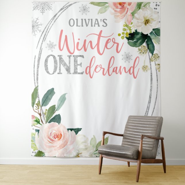 Tenture Hiver ONEderland Argent rose Floral fond (En situation)