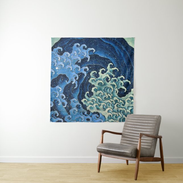 Tenture Hokusai Vague féminine Océan Vintage (En situation)