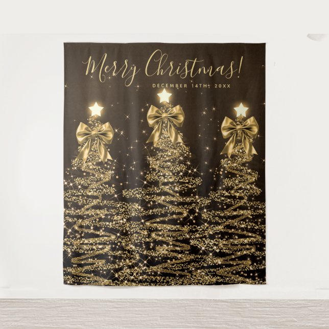 Tenture Holiday Backdrop Gold Christmas Trees w/ Bows (Devant)