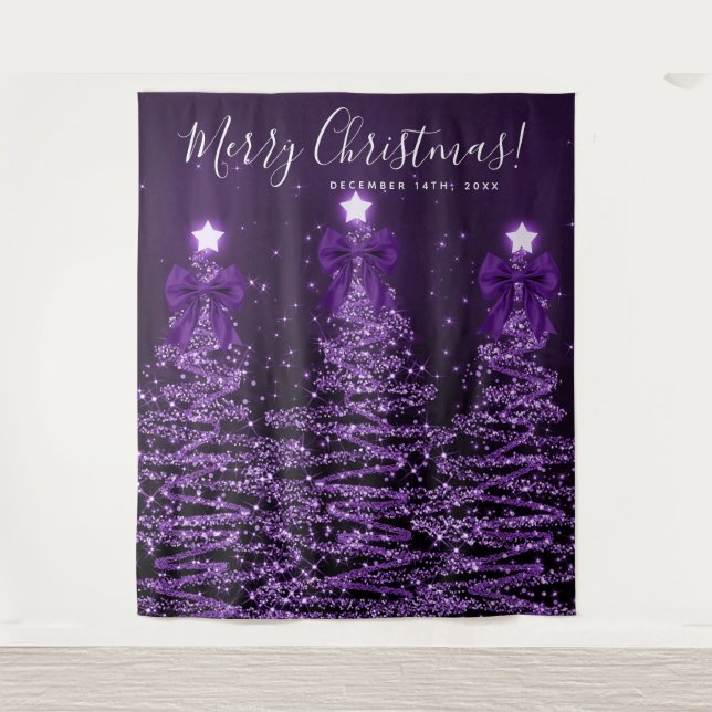 Tenture Holiday Backdrop Purple Christmas Trees Bows (Devant)