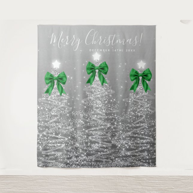 Tenture Holiday Backdrop Silver Christmas Trees Green Bows (Devant)