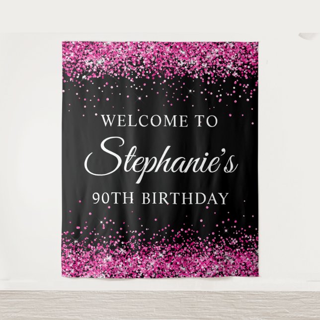 Tenture Hot Pink Glitter Black 90th Birthday Welcome (Devant)