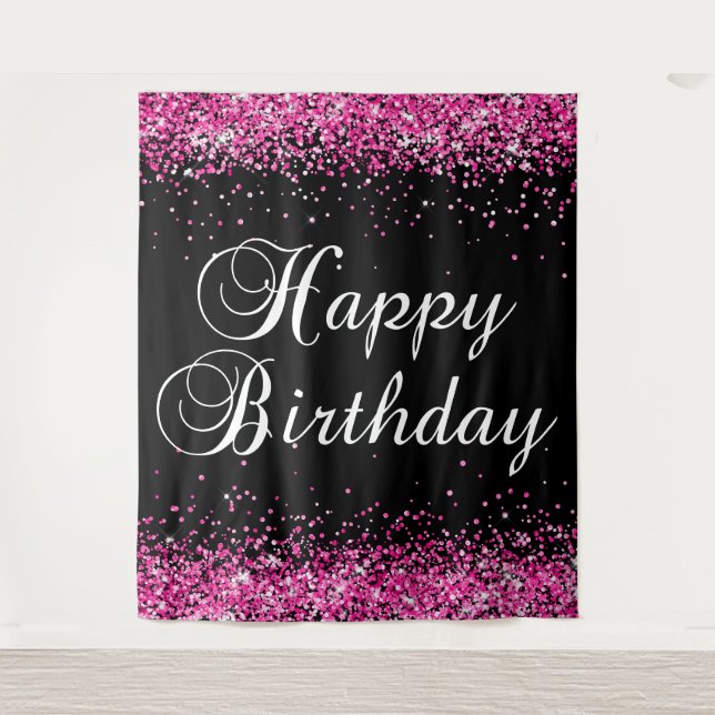 Tenture Hot Pink Glitter Black Happy Birthday (Devant)