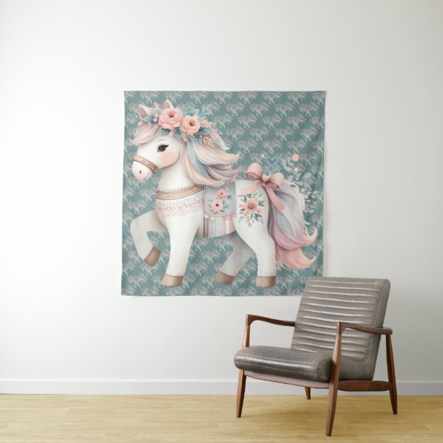 Tenture Illustration de l'Imaginaire Floral Pastel Horse (En situation)