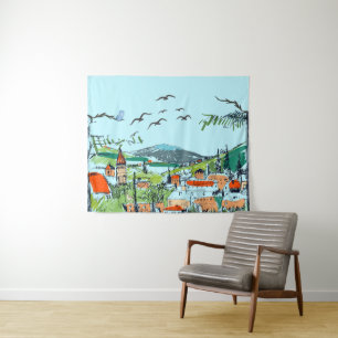 Tenture Illustration de paysage de village fantaisiste