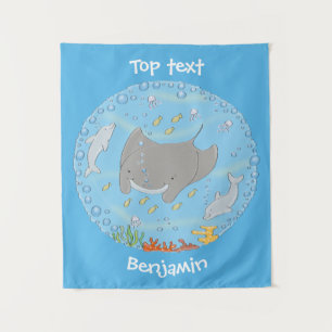 Tenture Illustration d'une mignonne raie manta et de bulle