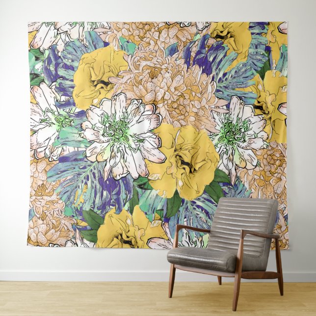 Tenture Illustration florale à la mode jaune et verte (En situation (horizontale))