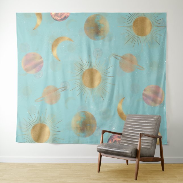 Tenture Illustration Gold Sun Moon Planètes Space Blue (En situation (horizontale))