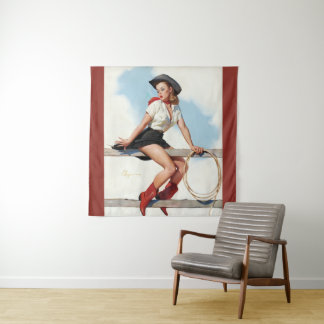 Tenture Illustration Rétro Fille Cowgirl Vintage Western