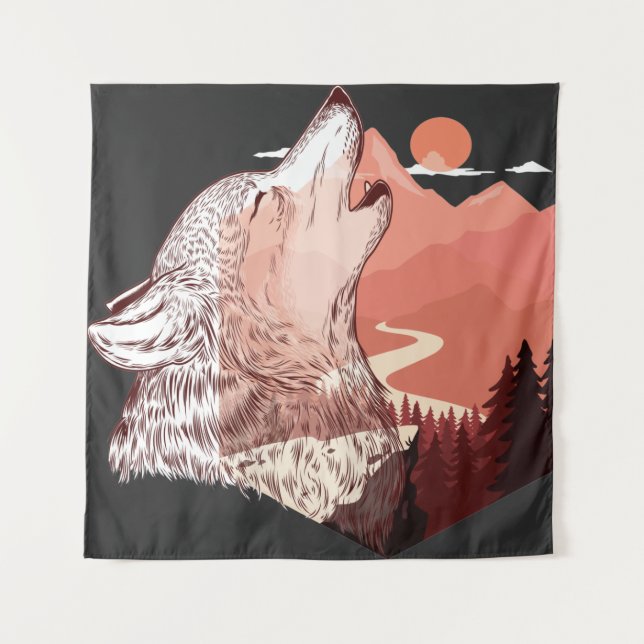 Tenture Illustration vectorielle d'un loup hurlant Paysage (Devant)