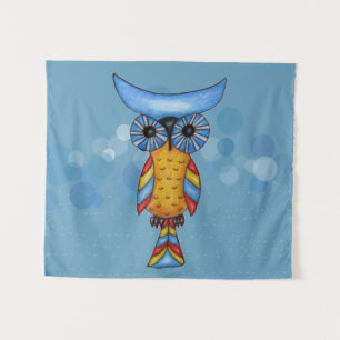 Tenture Imaginaire Chouette Plumes colorées Tête bleue Yeu