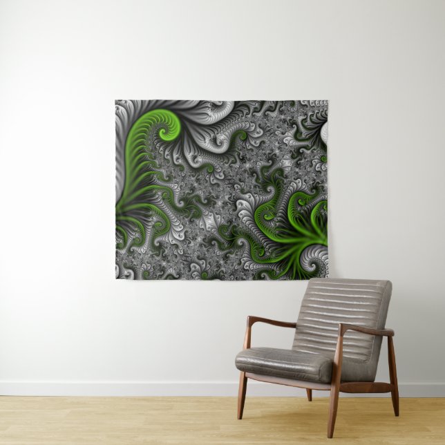 Tenture Imaginaire Monde Vert Et Gris Art Fractal Abstrait (En situation (horizontale))