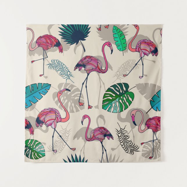 Tenture Imaginaire tropical : Motif feuille Flamant rose (Devant)