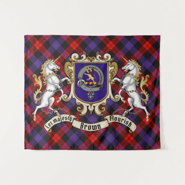 Tenture Insigne de clan Brown et licornes avec Tartan (Devant (Horizontal))