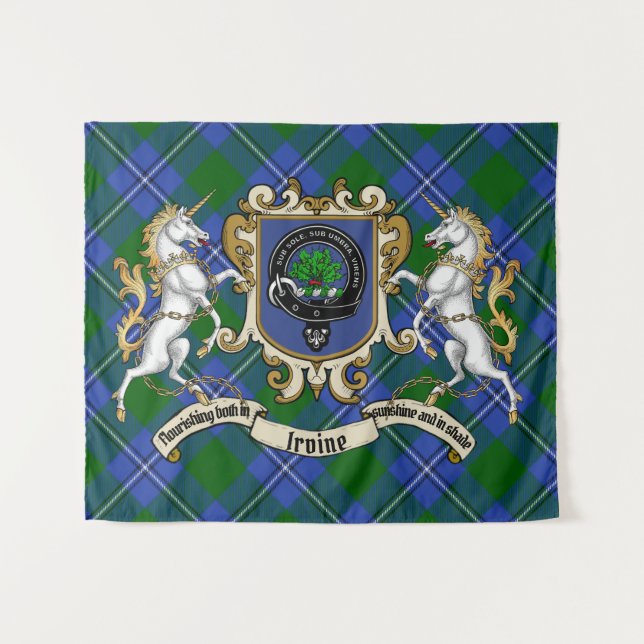 Tenture Irvine Clan Badge & Unicorns avec Tartan (Devant (Horizontal))