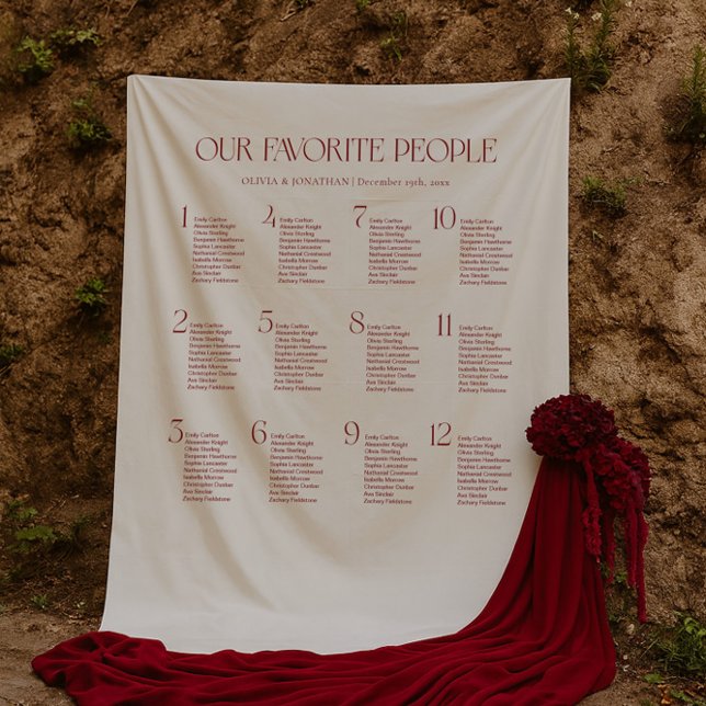 Tenture Ivory and Burgundy Wedding Seating Chart Fabric  (Créateur téléchargé)