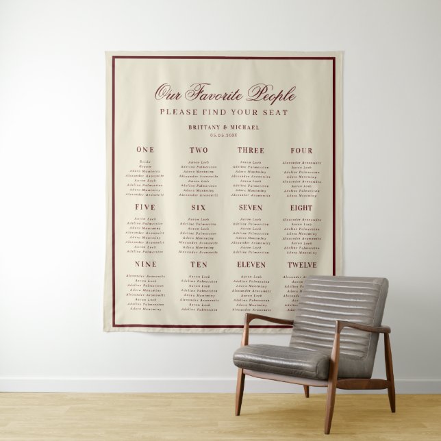 Tenture Ivory Burgundy Retro Wedding Seating Chart Sign (En situation)