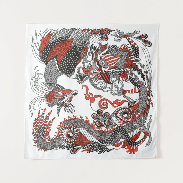 Tenture Jade Dragon et Gold Phoenix jouant avec une perle (Devant)