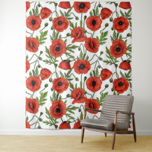 Tenture Jardin de coquelicot dans le corail et brun