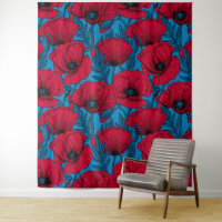 Jardin de pavot rouge sur bleu
