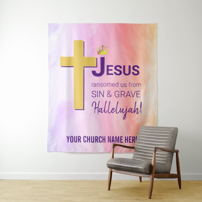 Tenture JÉSUS RANSOMÉ ÉTATS-UNIS Pâques chrétiennes (En situation)
