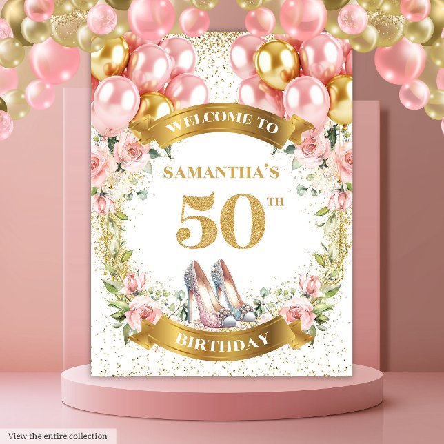 Tenture Joli 50e anniversaire Pink Heels Boho Party banniè (Pretty 50th Birthday Pink Heels Boho Party Banner Tapestry )