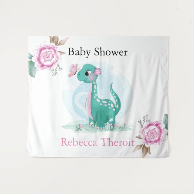 Tenture Joli Baby shower de dinosaure rose Turquoise (Devant (Horizontal))