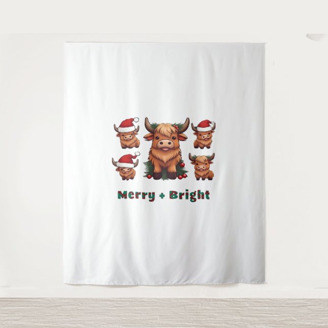 Tenture Joli Noël de vache Highland Joyeux et brillant, Sc (Devant)