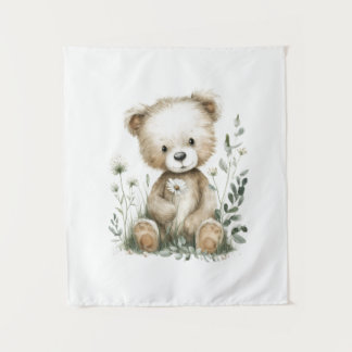 Tenture Joli Ours en Peluche à l'Aquarelle avec Fleurs Sau