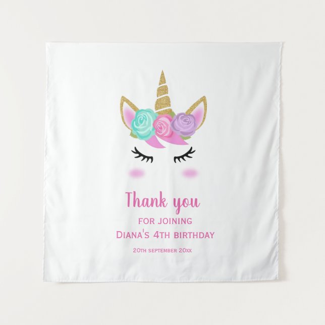Tenture Jolie licorne de 4ème anniversaire fille merci en  (Devant)