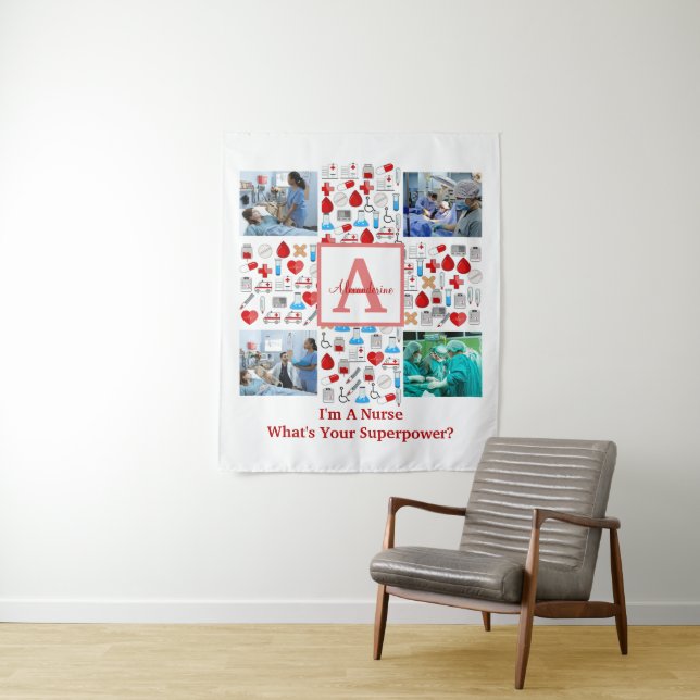 Tenture Joyeuse fête des infirmières 4 collage photo monog (En situation)