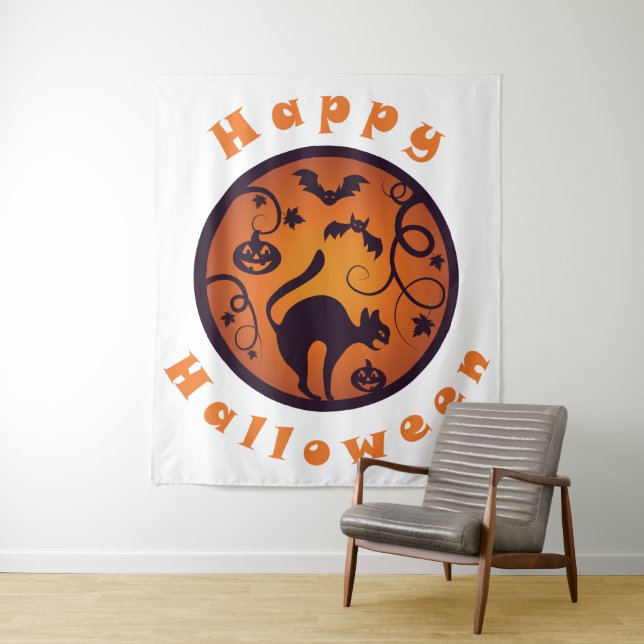 Tenture Joyeuse lanterne d'Halloween araignées et chauves- (En situation)