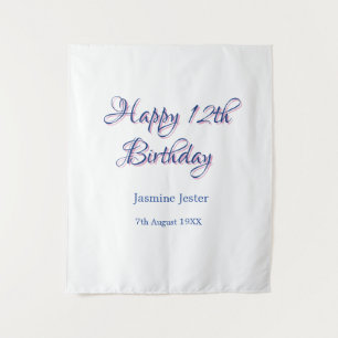 Tenture joyeux 12ème anniversaire bleu rose nom date simpl
