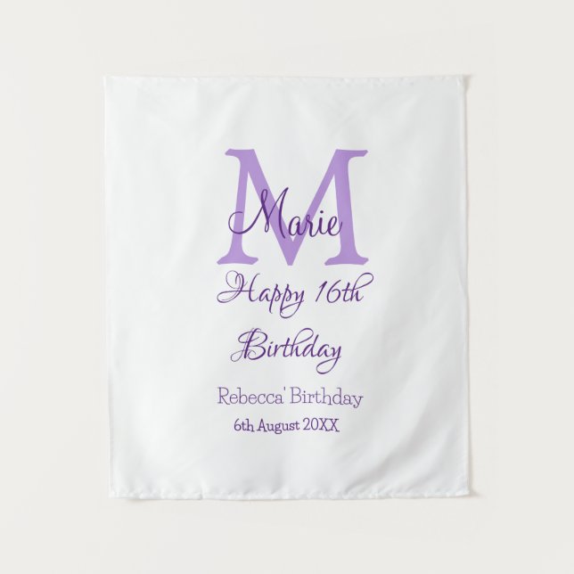 Tenture Joyeux 16e anniversaire violet ajouter nom monogra (Devant)