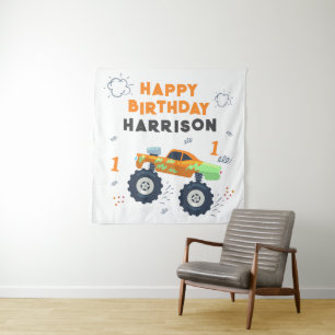 Tenture Joyeux Anniversaire Moderne Monster Car Trucks Nom